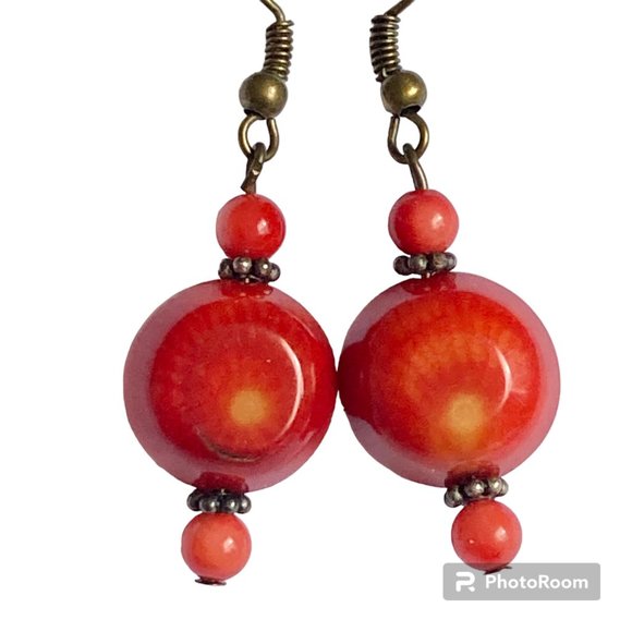 Vintage Art Glass Bead Earrings Coral Red Orange Hand Made Bronze Plated - Picture 2 of 16